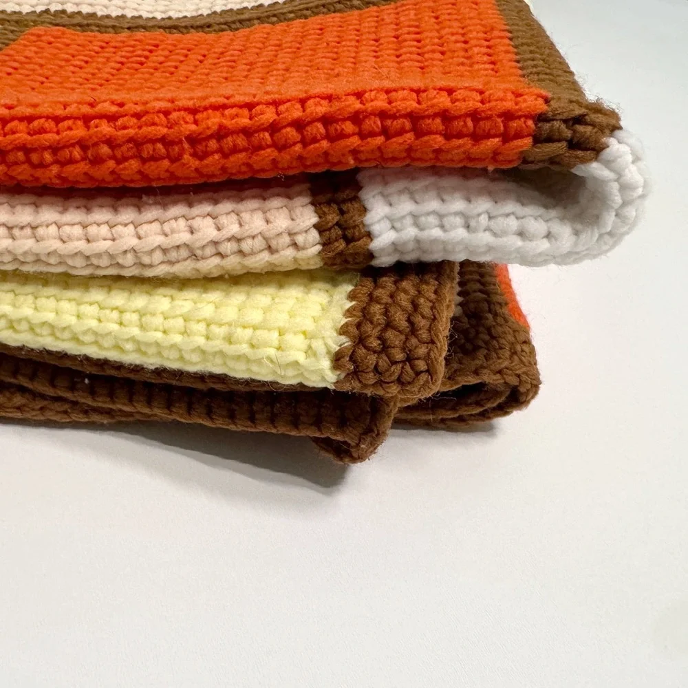 VTG MCM Mid-Century Square Crochet Afghan Blanket 54x63 Orange Geometric Retro‎